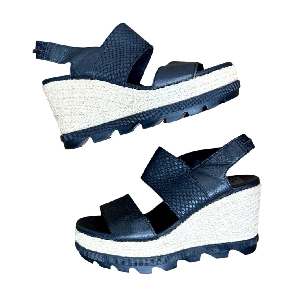 Sorel Joanie II Slingback Espadrille Wedge Sandals Black Leather SZ 7 - Picture 8 of 16